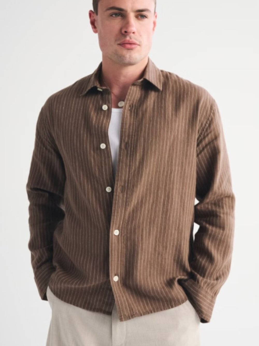 Abercrombie & Fitch Linen-Blend Striped Shirt Size S Brown Stripe